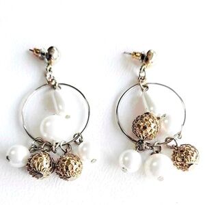 Vintage Shimmering Gold-Plated & Glowing Pearls Luxurious Dangle Hoop Earrings